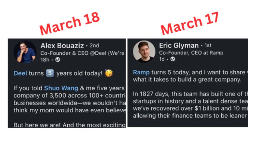 This is kind of wild and cool. @deel & @tryramp, two of the most defining fintech / tech companies of the last five years were founded within 24 hours of each other! What was going on the week of March 17/18, 2019?? @eglyman @Bouazizalex @karimatiyeh @shuoshuooshuooo