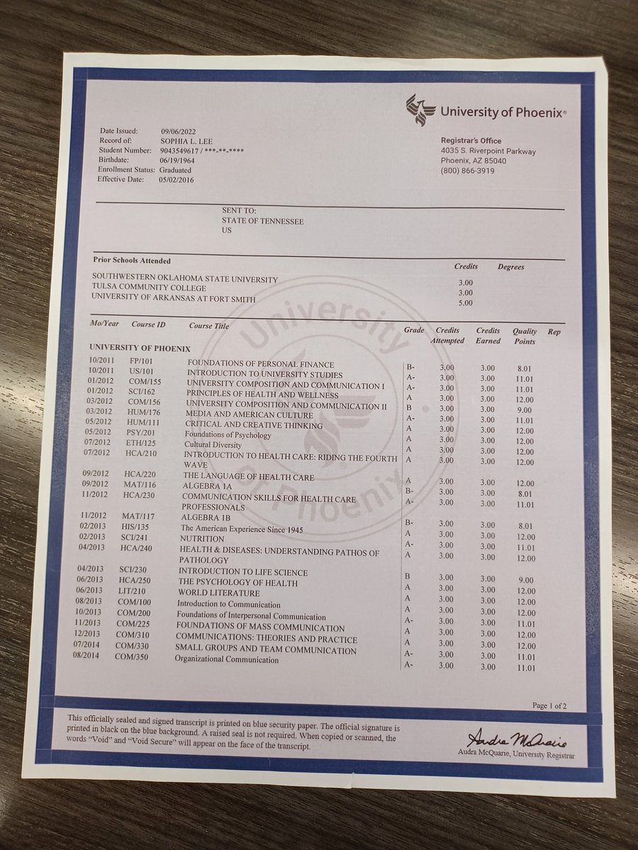 SophiaLorenLee's tweet image. #AssociateofArts Here is a photo of my Associate if Arts in Healthcare Administration Official Transcript from University of Phoenix.