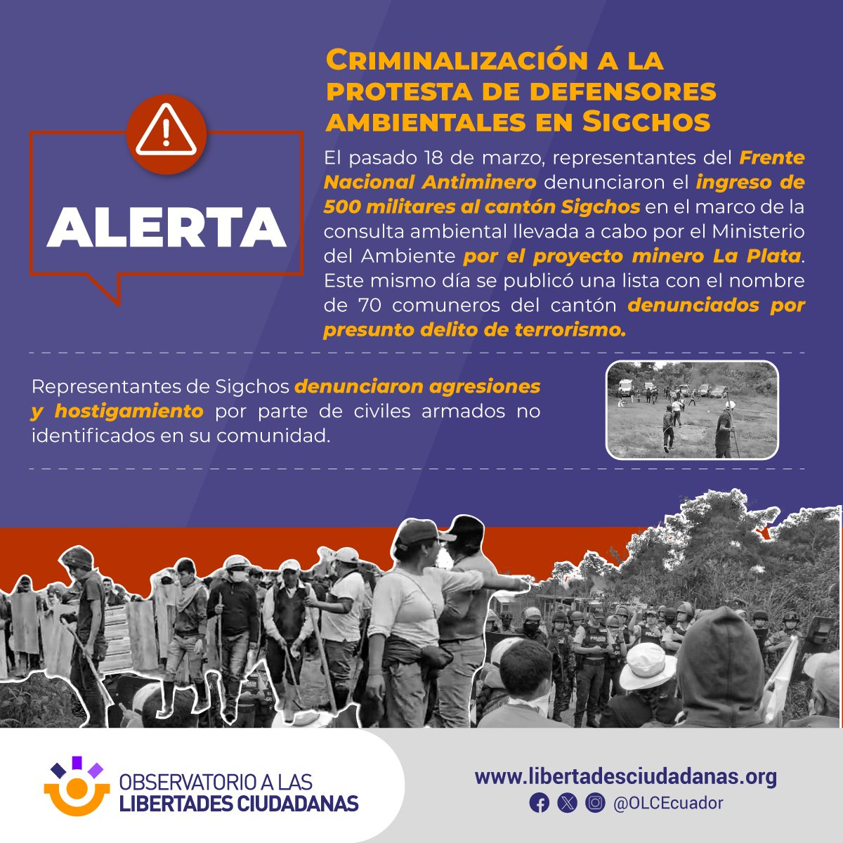 OLCEcuador's tweet photo. ALERTA | Exigimos al Estado garantizar el debido proceso en el marco de la consulta ambiental a realizarse en el cantón Sigchos. La militarización del territorio y criminalización a la protesta social restan legitimidad al proceso.

Más aquí: https://t.co/4L9N7QIek5 https://t.co/tfK1uKOqTP