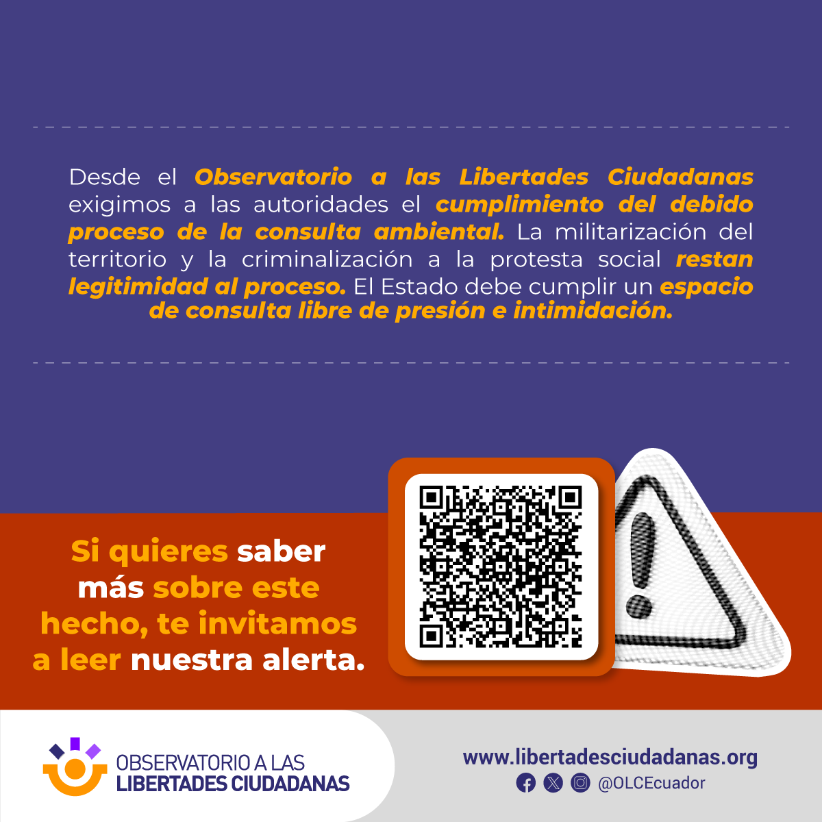 ALERTA | Exigimos al Estado garantizar el debido proceso en el marco de la consulta ambiental a realizarse en el cantón Sigchos. La militarización del territorio y criminalización a la protesta social restan legitimidad al proceso.

Más aquí: bit.ly/3vl8H0G