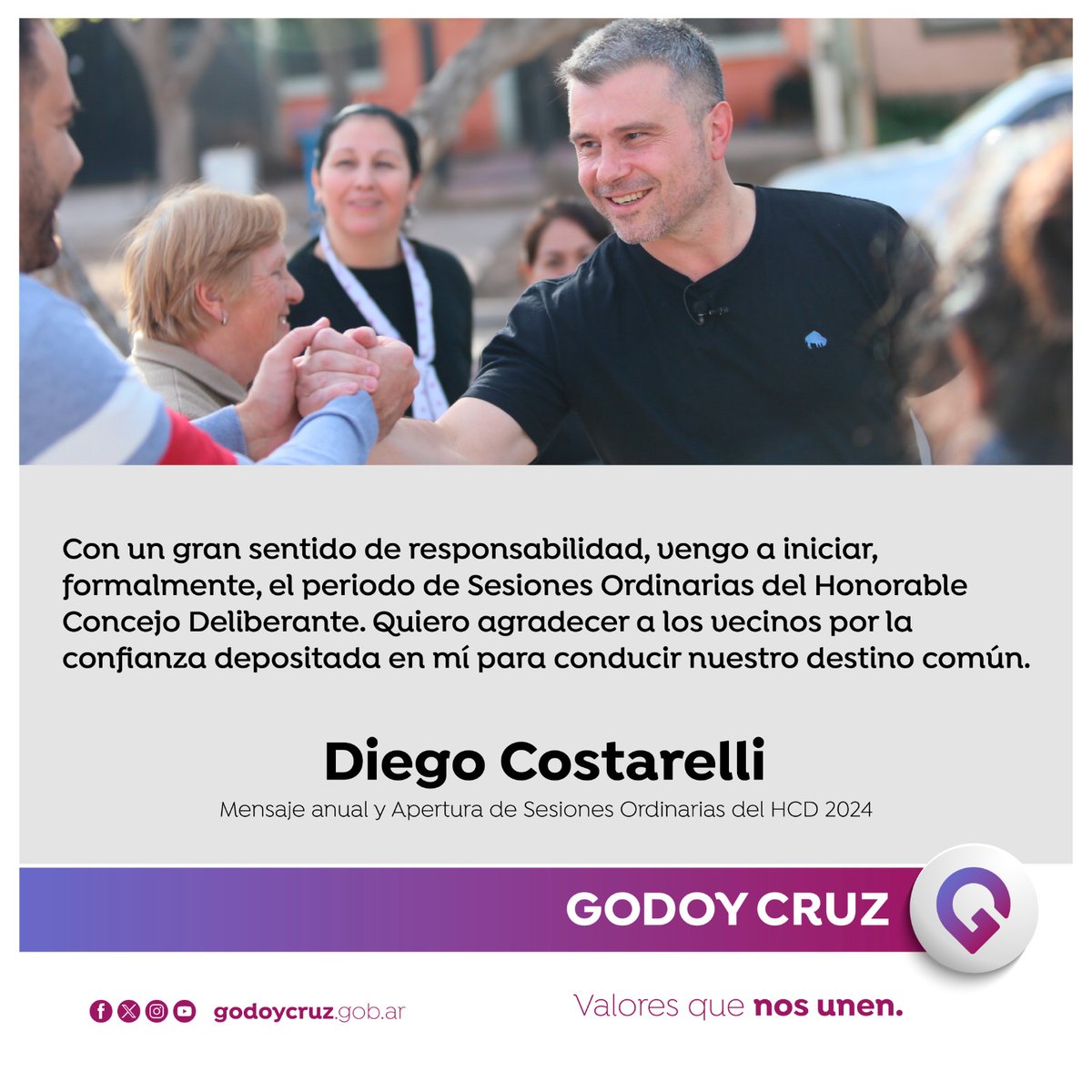 Ante autoridades provinciales, concejales y vecinos de Godoy Cruz, con la responsabilidad que esto conlleva, presento mi Mensaje Anual para dar comienzo a las Sesiones Ordinarias 2024 del HCD.
#ValoresQueNosUnen
👇🏼