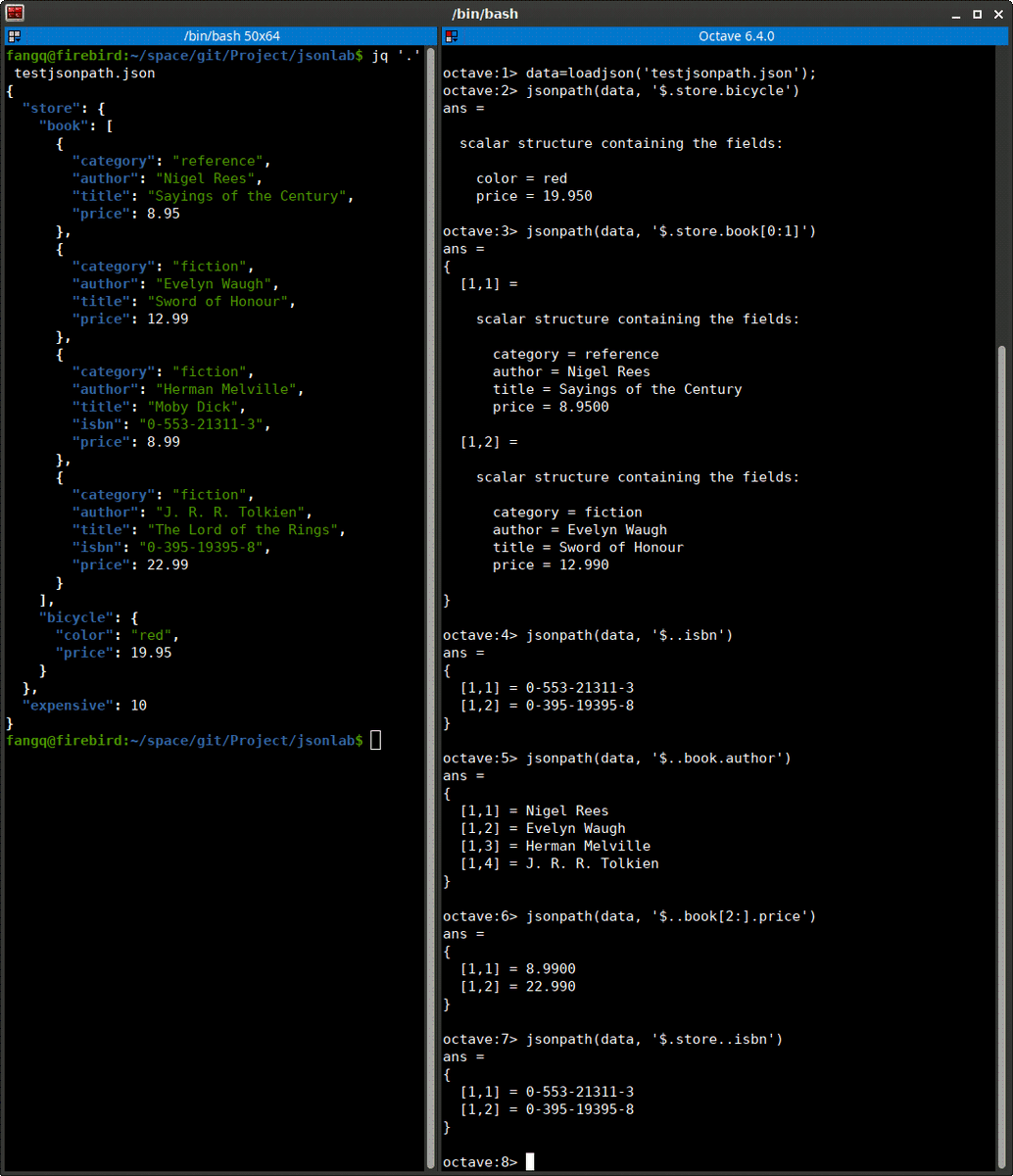 FangQ's tweet photo. if you want to slice a complex struct/cell array in @MATLAB or @GNUOctave, try the new jsonpath() function in #JSONLab
it supports a subset of the widely used #JSONPath syntax, including deep-scan
check out below screenshots
download #JSONLab at
https://t.co/HHG2dByoRz https://t.co/QpWzs7xdTs