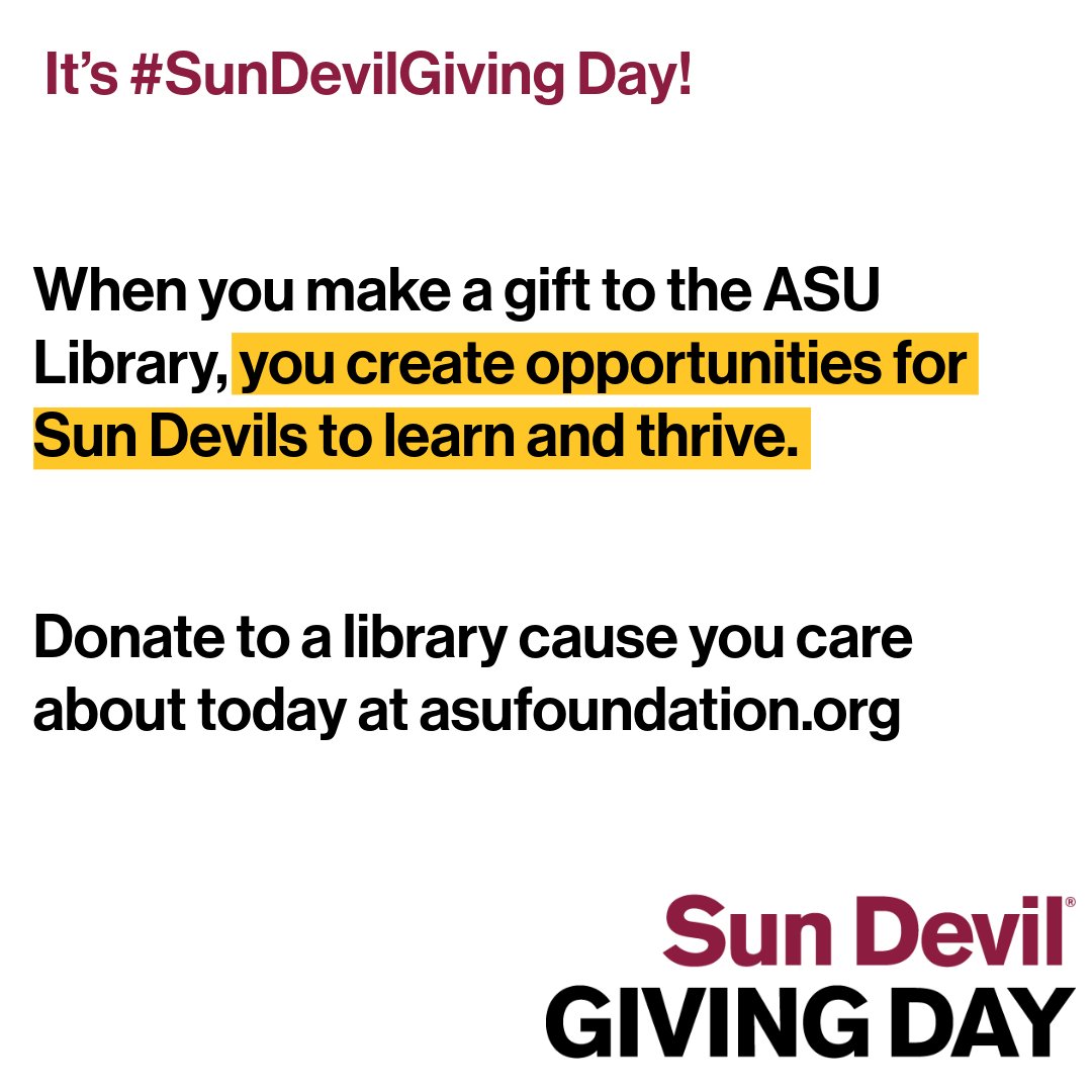 There's still time to make an impact! 💛 When you make a gift to the ASU Library, you create greater opportunities for Sun Devils to learn and thrive. Donate to a library cause you care about today! #SunDevilGiving