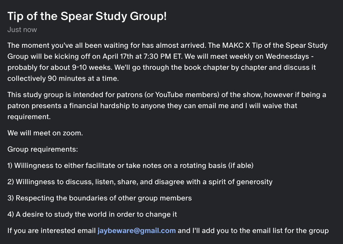 Tip of the Spear Study Group will start on April 17th, details in the second pic below. This study group is for show patrons/members, and you can become one for as little as $1 a month or $10.80 per year patreon.com/posts/tip-of-s…