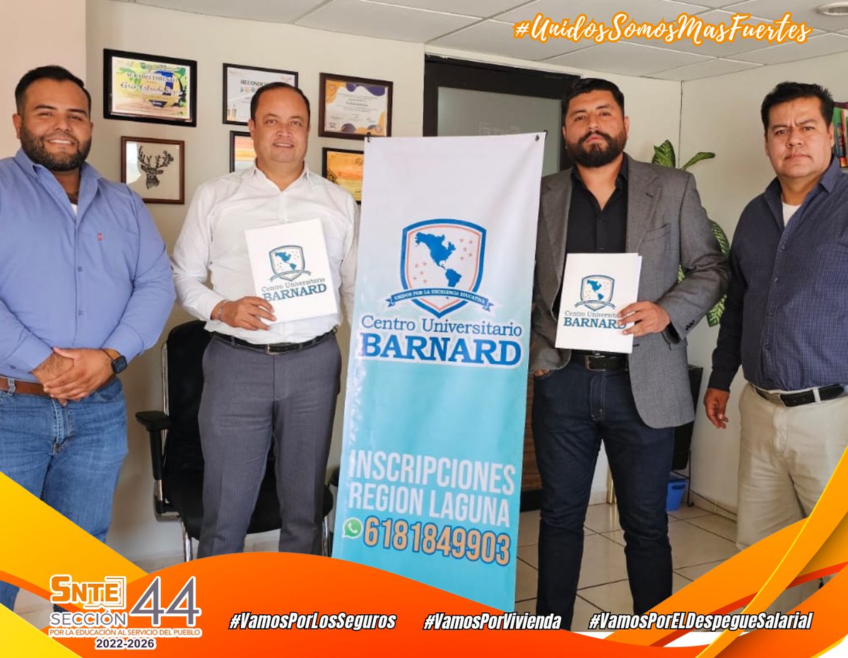 Seccion44SNTE's tweet photo. #SNTESeccion44🟠 
#UnidosSomosMasFuertes💪🏼
#VamosPorElDespegueSalarial  #VamosPorVivienda #VamosPorLosSeguros

Este jueves firmamos un Convenio de Colaboración con el Centro Universitario Barnard para proporcionar mejores oportunidades de profesionalización a nuestros agremiados https://t.co/VsTW1iGZtu