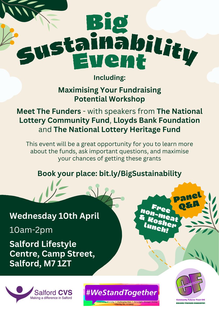 Big Sustainability Event Weds 10 April with @ComFuturesTrust & @SalfordCVS Workshops on 'Maximising your Funding Potential' and 'Social Enterprise and Social Investment' Presentations by @TNLComFund @LBFEW & @HeritageFundUK Panel Q&A Register 4 FREE @ bit.ly/BigSustainabil…