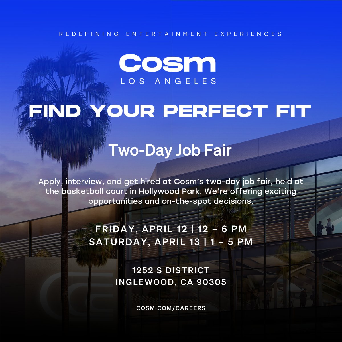 Cosm Los Angeles is set to take the stage this summer in @HollywoodParkCA, the sports and entertainment capital of the world! In preparation for our grand opening, Cosm is hosting a job fair on April 12th and 13th to build out our world-class venue team, offering exciting