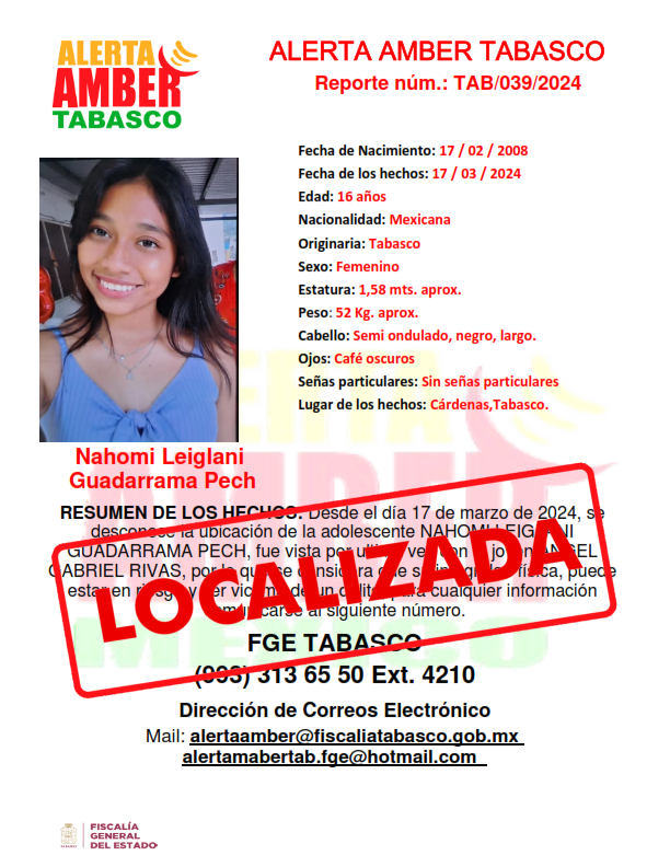 Personas Desaparecidas Tabasco, desactiva  cédula de alerta amber a nombre de la adolescente NAHOMI LEIGLANI GUADARRAMA PECH.