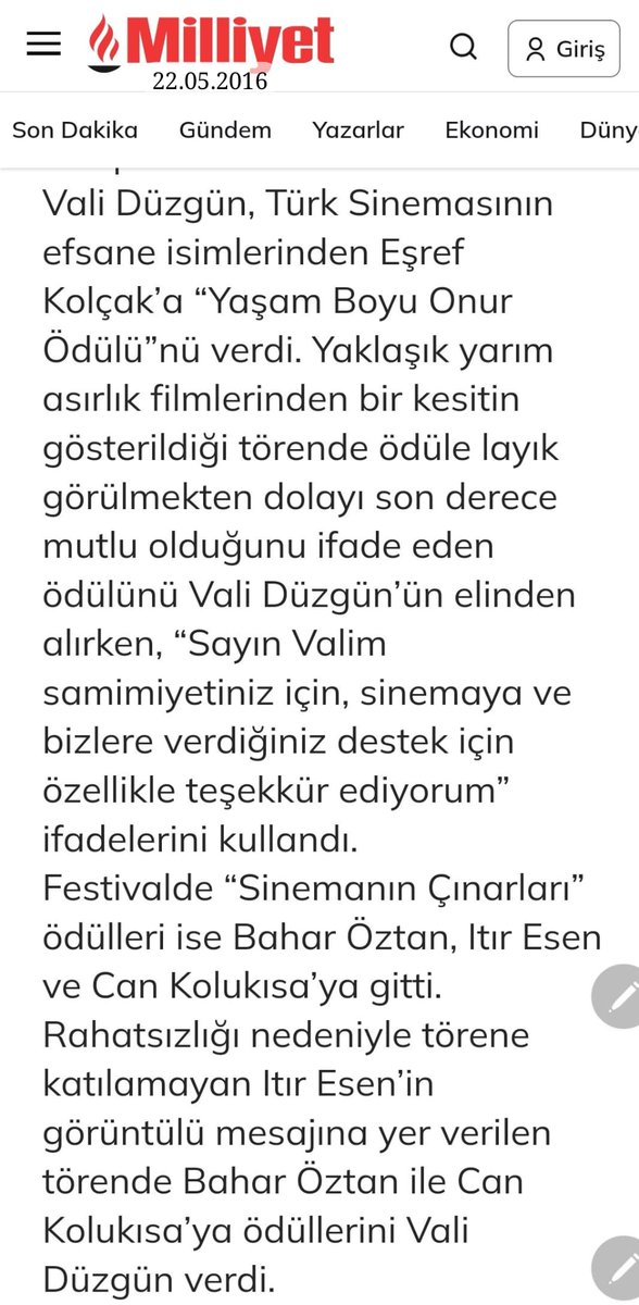 Yeşilçam'ın başarılı akristlerinden 2016 yılında "Sinemanın Çınarı Onur Ödülü"nü takdim ettiğimiz Bahar Öztan'ın vefatını büyük bir üzüntüyle öğrendim. 
Mekanı cennet olsun...