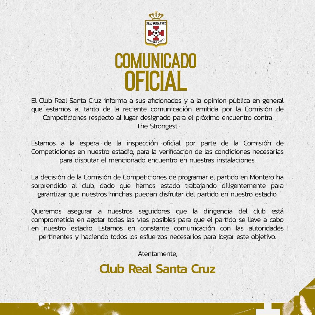 Real_Santa_Cruz's tweet image. COMUNICADO OFICIAL 

Real Santa Cruz vs The Strongest

#orgullocamba