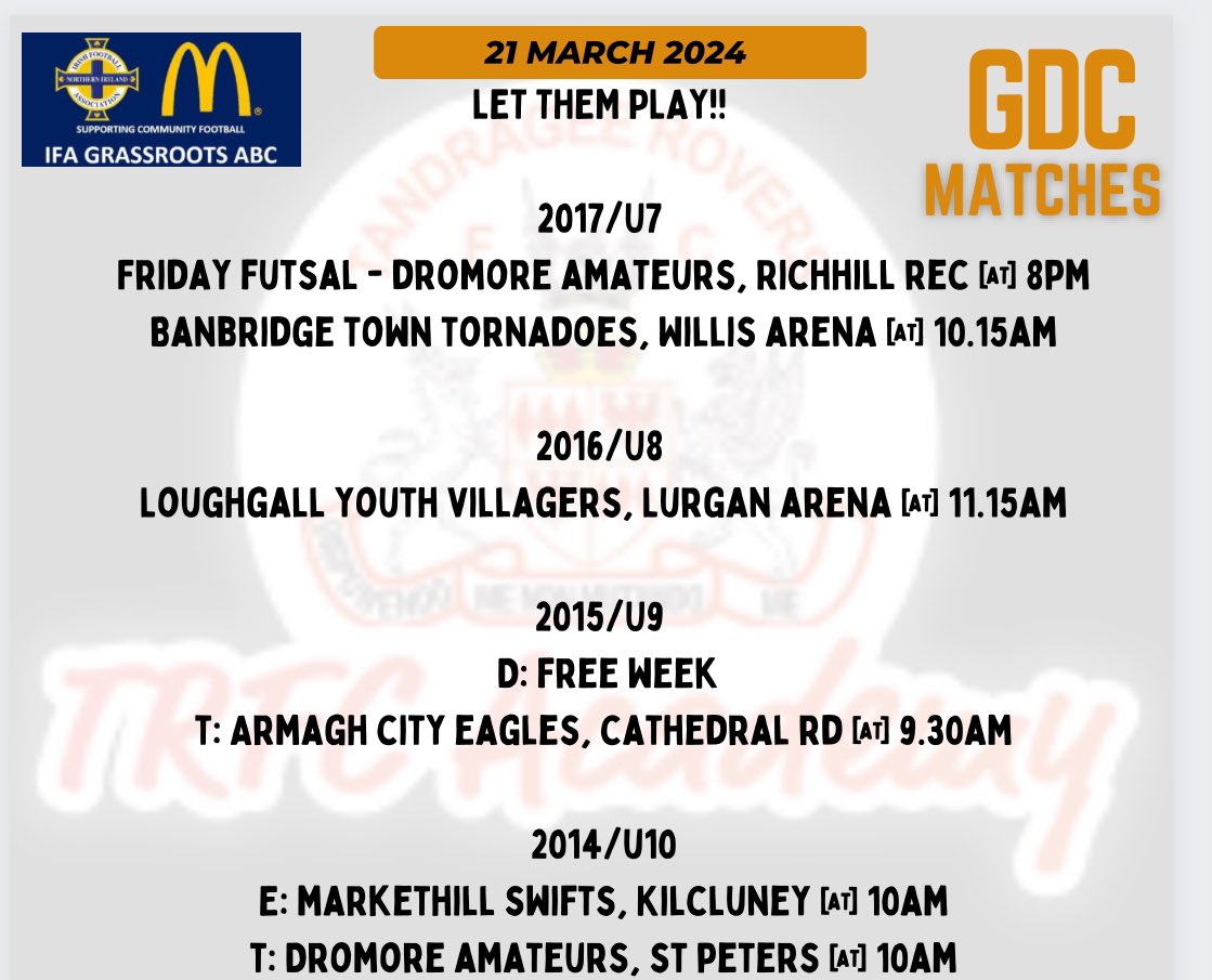 TandrageeA's tweet photo. Academy weekend fixtures!!  

#onecluboneteam #GDC #MUYL #soccertots #IrishFA #IFA 
#tandrageeroversacademy #TRFC #maddenpark #roversHQ #ourclub #homeoftandrageerovers #thefutureisbright
🧡🖤 https://t.co/mCdvRVaGjJ