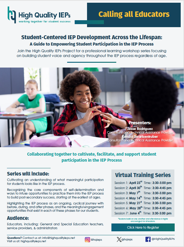 Calling all #California #educators - Join us for a training series on #studentcentered #iep Development. Together let's build student voice and agency throughout the IEP process! Register now -sdcoe.k12oms.org/1035-247414 *Training is Free! @CCEECA @CADeptEd