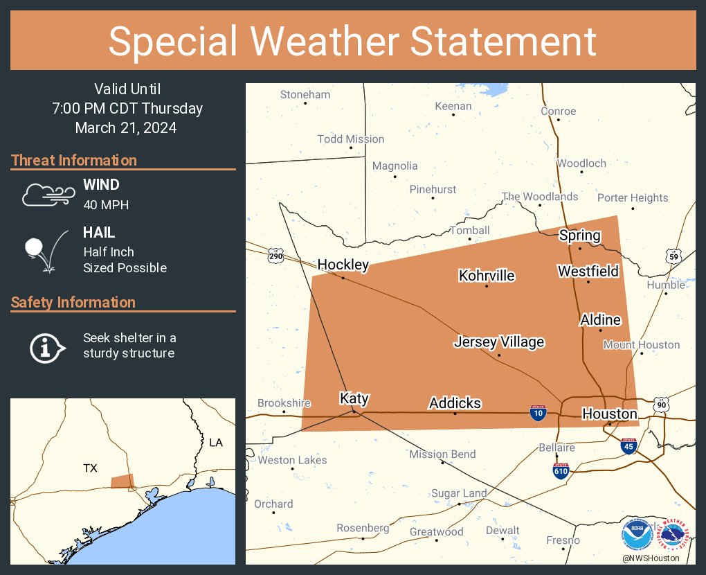 A special weather statement has been issued for Houston TX, Spring TX and Aldine TX until 7:00 PM CDT