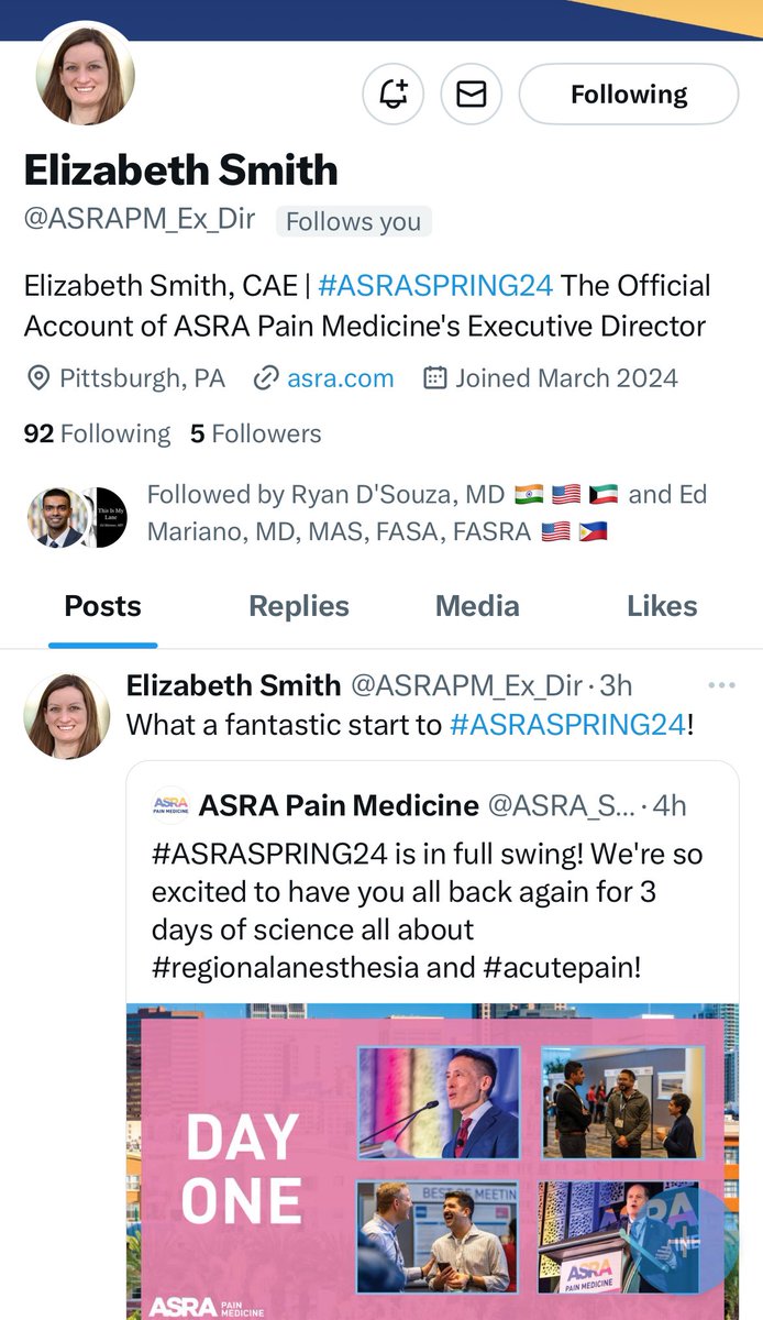 @ASRA_Society @DProvenzanoMD @CARLOSPINOMD @ESchwenkMD @EMARIANOMD @rakesh6282 @harshamd5 @KristopherSchr6 @mokaeleni @KohanLynn @NarouzeMD @DrPhilipPeng @MaryJHargett1 @EngySaid_MD @BridgetPulos @dr_melissabyrne @shaskinsMD @MonicaHarbellMD @Steve_Coppens @athmathottungal @alifitmd @VeenaGraffMD @AmandaKumarMD @rosie_hogg @galusweegie @PerlasAnahi @megrosenblatt @IyaboMuse @Nadia_Hdz_MD @JanBoublikMDPhD @SreeHPraveenKO1 @Siva6faces @MKwesiKwofie @ESRA_Society @AoraIndia @LasraAnestesia @AFSRA10 #ASRASPRING24 Wonderful news…….Welcome Elizabeth Smith @ASRAPM_Ex_Dir to X !! Please follow her to know more updates @ASRA_Society ! @NarouzeMD @DProvenzanoMD @Ropivacaine @SLKoppMD @dr_rajgupta @nelkassabany @megrosenblatt @rljohnsonmd @MonicaHarbellMD @EMARIANOMD @KohanLynn