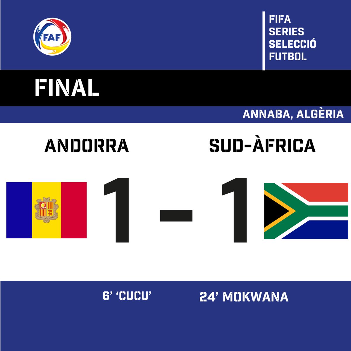 FINAAAAAAAL!!!!!! ➡️ Debut a les FIFA Series amb un gran empat contra Sud-Àfrica! 🇿🇦 ⏱️90' 🏆 FIFA SERIES 🇦🇩 @Fedandfut - 🇿🇦@BafanaBafana (1-1) ⚽️ 6' 'Cucu' ⚽️ 24' Mokwana 🔜 Proper partit: 🇧🇴 Contra Bolívia, dilluns a les 22.00h #⃣ #SomAndorra