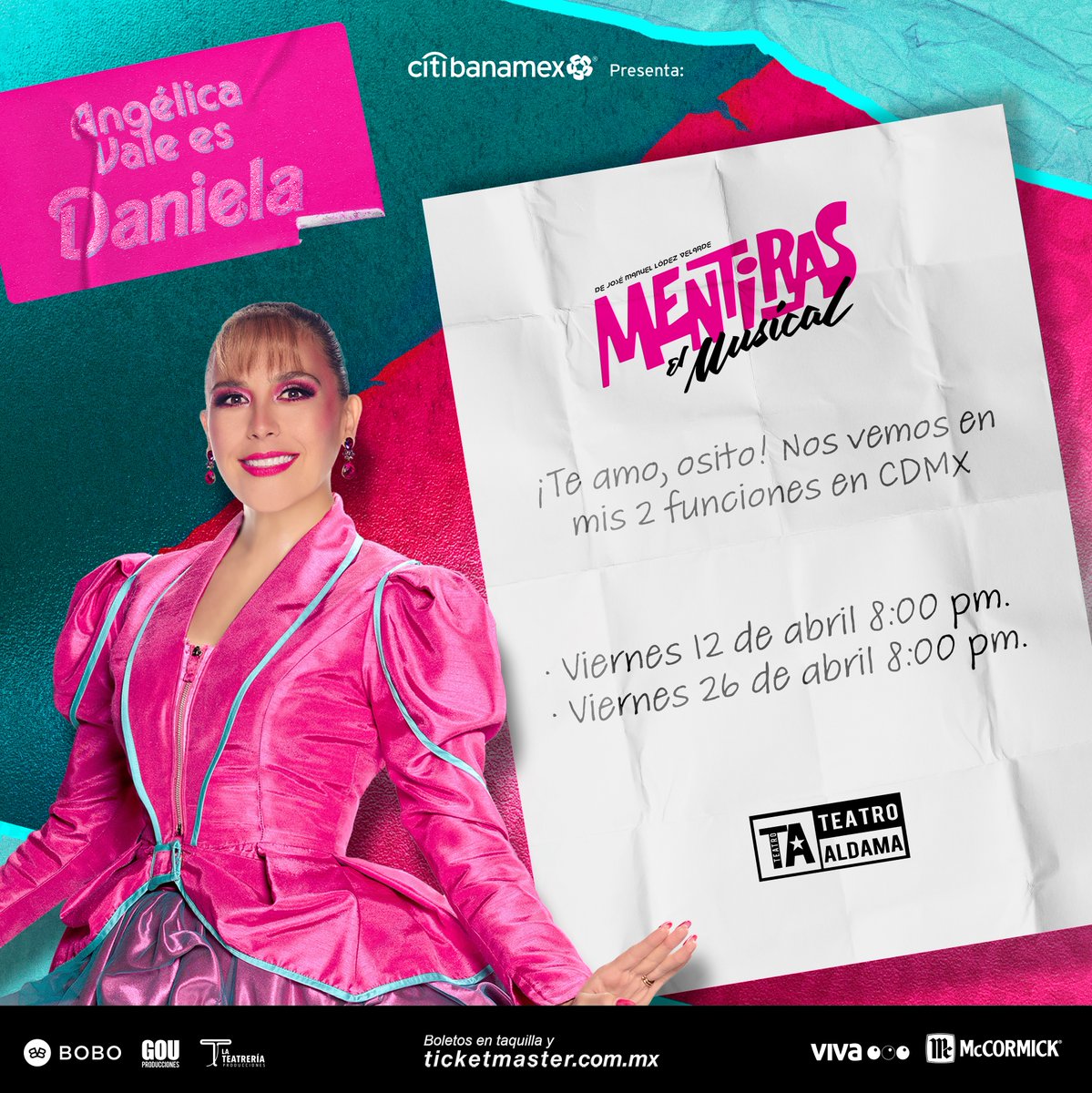 ¡Ella regresa al Teatro Aldama 2 únicas funciones! 💖🎶 @angelicavale será Daniela este 12 y 26 de abril en #MentirasElMusical. 😍 No te quedes fuera de estas noches especiales. Boletos: bit.ly/MentirasElMusi…