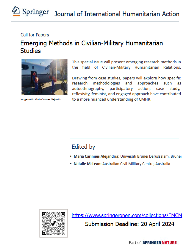 The Journal of International Humanitarian Action call for papers: springeropen.com/collections/EM… Deadline: 20 April 2024 Topic: Emerging Methods in Civ-Mil Humanitarian Studies: This issue will present emerging research methods in the field of Civ-Mil Humanitarian Relations.