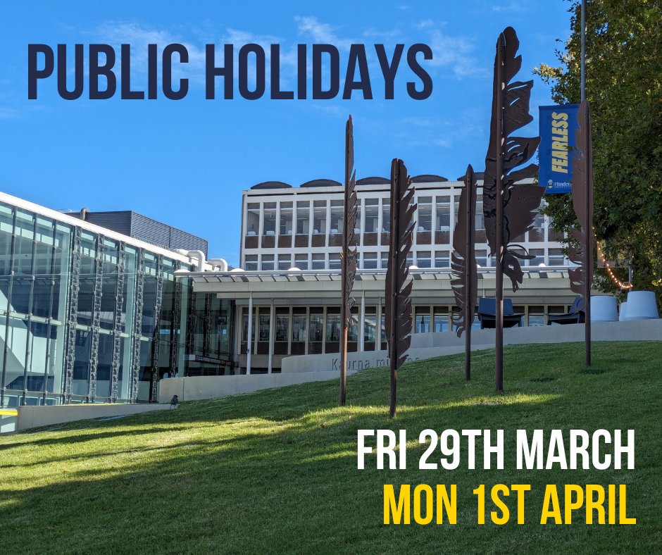 Library staff will be unavailable today Fri 29th March and Mon 1st April due to the public holiday. 🐰🥚🍫 Central, Medical, Sturt, and Tonsley will be open with swipe access. City Campus will be closed for the public holiday and will reopen Tuesday 2nd April. 🦆