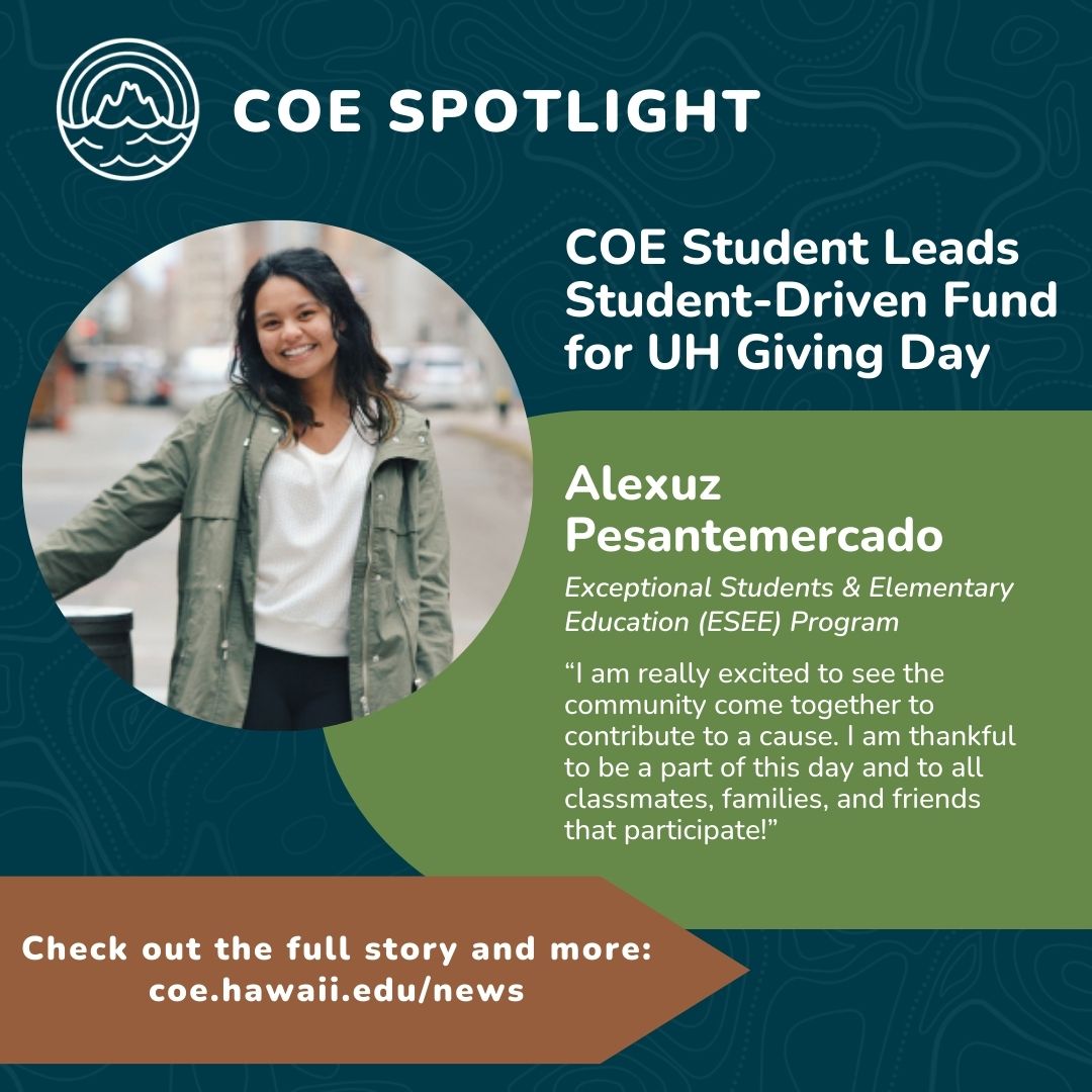COE SPOTLIGHT: Alexuz Pesantemercado is leading a student-driven fund for Giving Day 2024, all while pursuing her bachelor’s degree in the COE Exceptional Students & Elementary Education (ESEE) program! View more about Alexuz's incredible work here: bit.ly/3VqU4n2