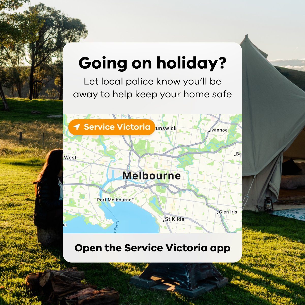 Going on holiday? Let your local police know you’ll be away to help keep your home safe. Quickly and easily register your absence with your local police station through the Service Victoria app or at service.vic.gov.au/away 
@VictoriaPolice 
#ServiceVictoria #RegisterAbsence