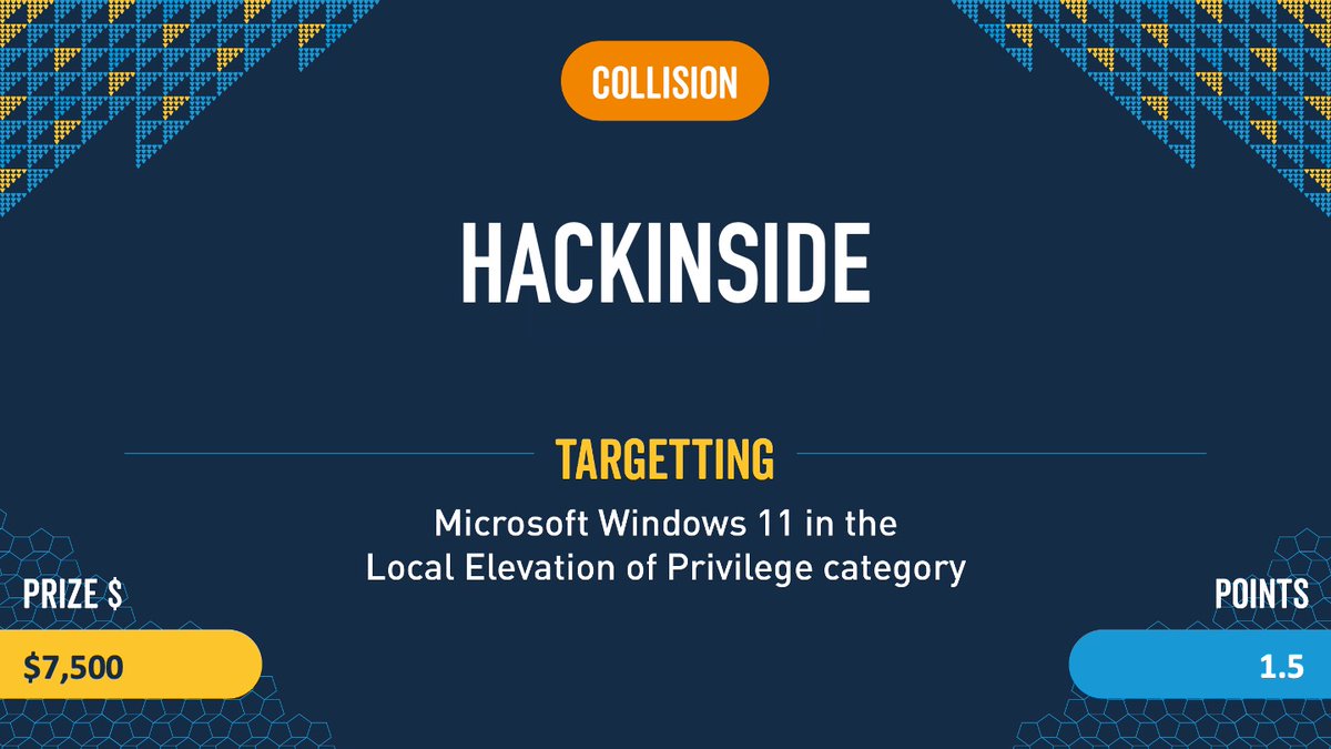 Collision: Although the Hackinside Team was able to escalate privileges on #Windows 11 through an integer underflow, the bug was known by the vendor. They still earn $7,500 and 1.5 Master of Pwn points. #Pwn2Own
