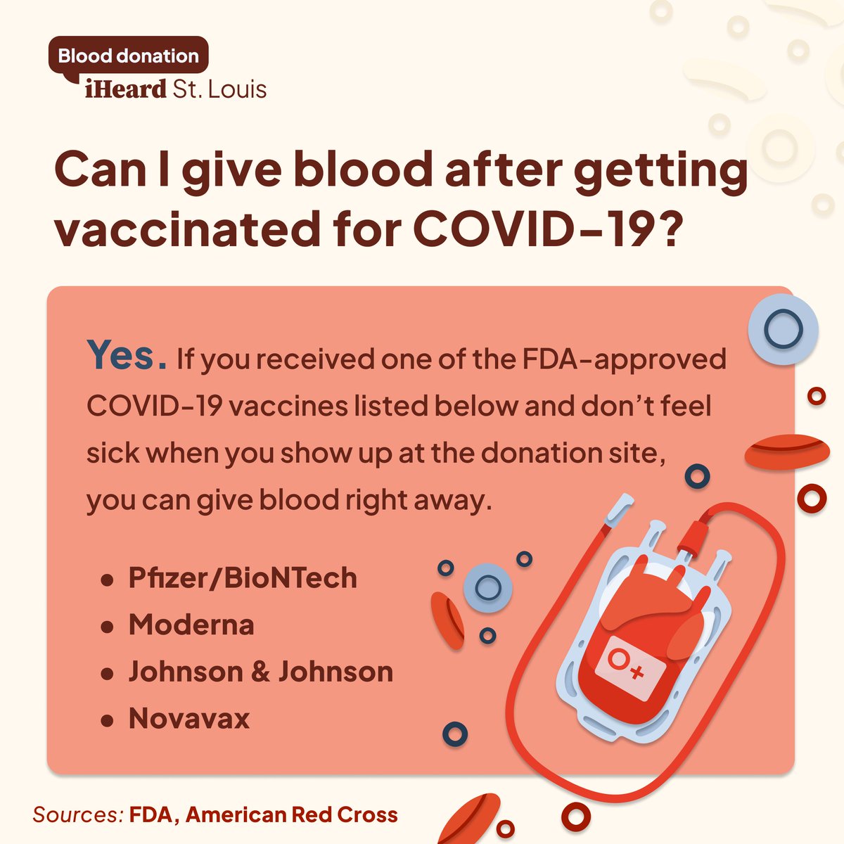 Blood donation after COVID vaccination is safe and can help save a person’s life. If the vaccine is FDA-approved & you don’t feel sick, you can give blood right away. Schedule your appt at RedCrossBlood.org or call 1-800-733-2767. #iHeardSTL #DonateBlood #COVIDVaccination