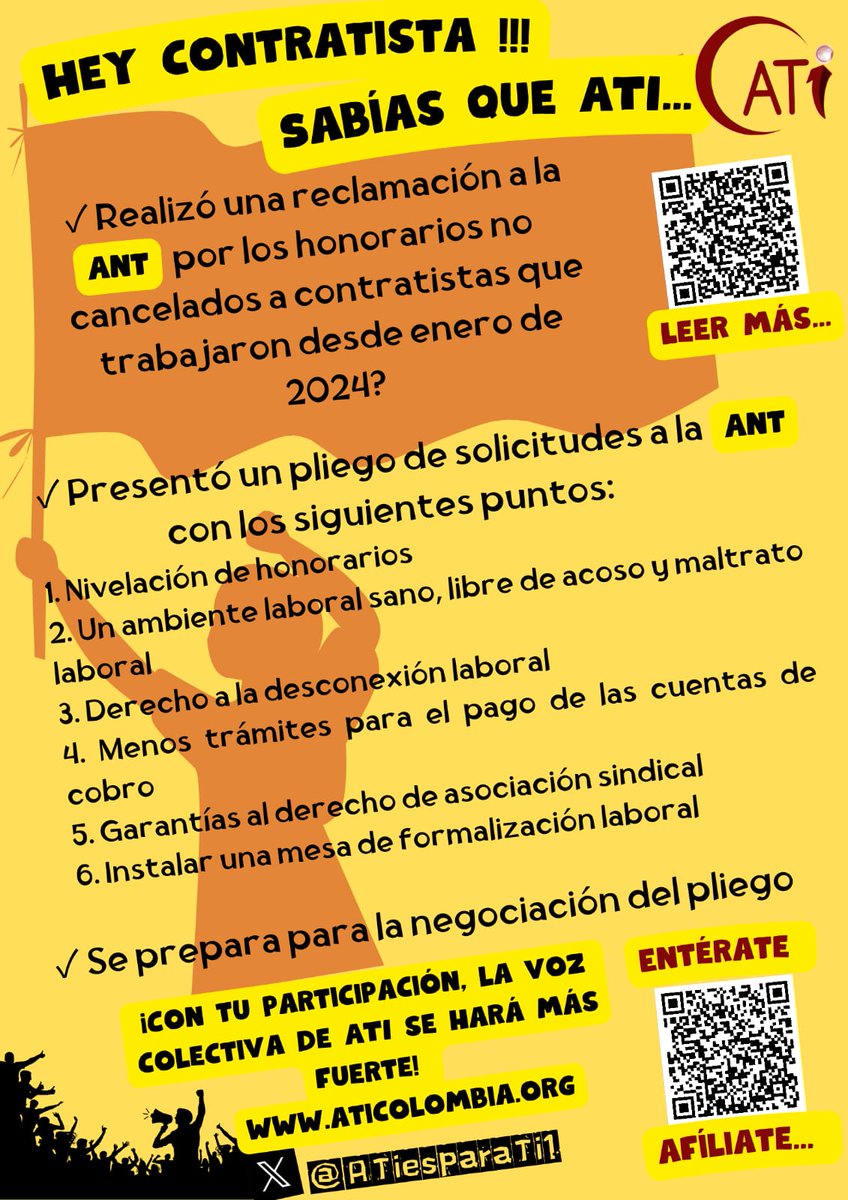 ATIesparaTI1's tweet photo. En la @AgenciaTierras las y los contratistas se mueven y defienden   sus derechos. Conoce nuestro pliego, afiliate. https://t.co/7VAAnjwxgr