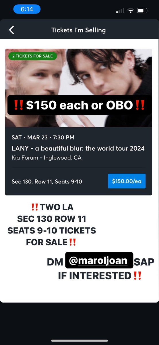 Marol_J's tweet photo. Selling two Lany tickets to the forum this Saturday 3/22 - $150 each or Best offer! https://t.co/7OWxa3nnEP