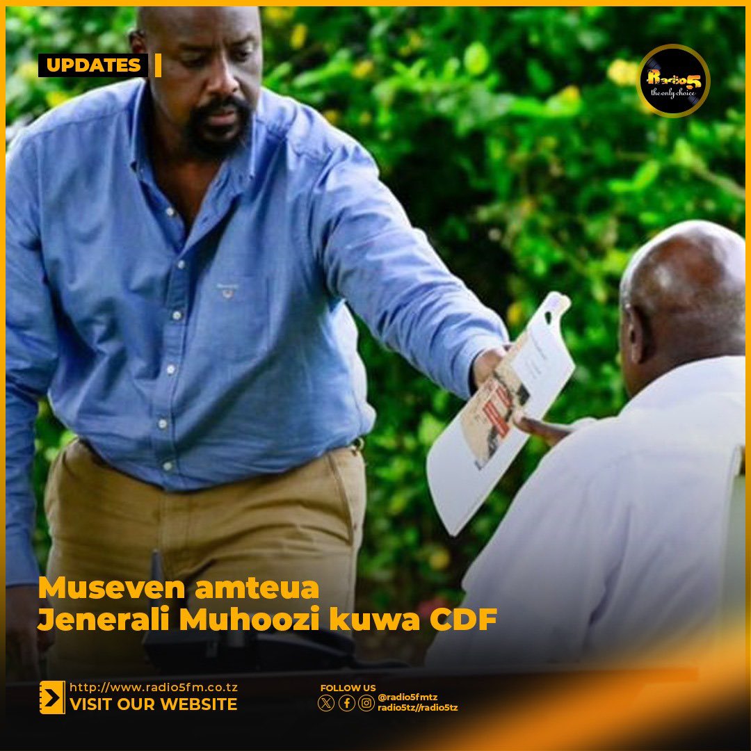 radio5fmtz's tweet photo. Rais Museveni amemteua mwanawe Jenerali Muhoozi Kainerugaba kuwa Mkuu mpya wa Majeshi ya Ulinzi (CDF). 

Muhoozi anachukuwa nafasi ya Jenerali Wilson Mbasu Mbadi aliyeteuliwa kuwa Waziri wa Nchi wa Biashara katika mabadiliko mapya ya baraza la mawaziri yaliyotangazwa jioni ya leo https://t.co/nhfpfonyN7
