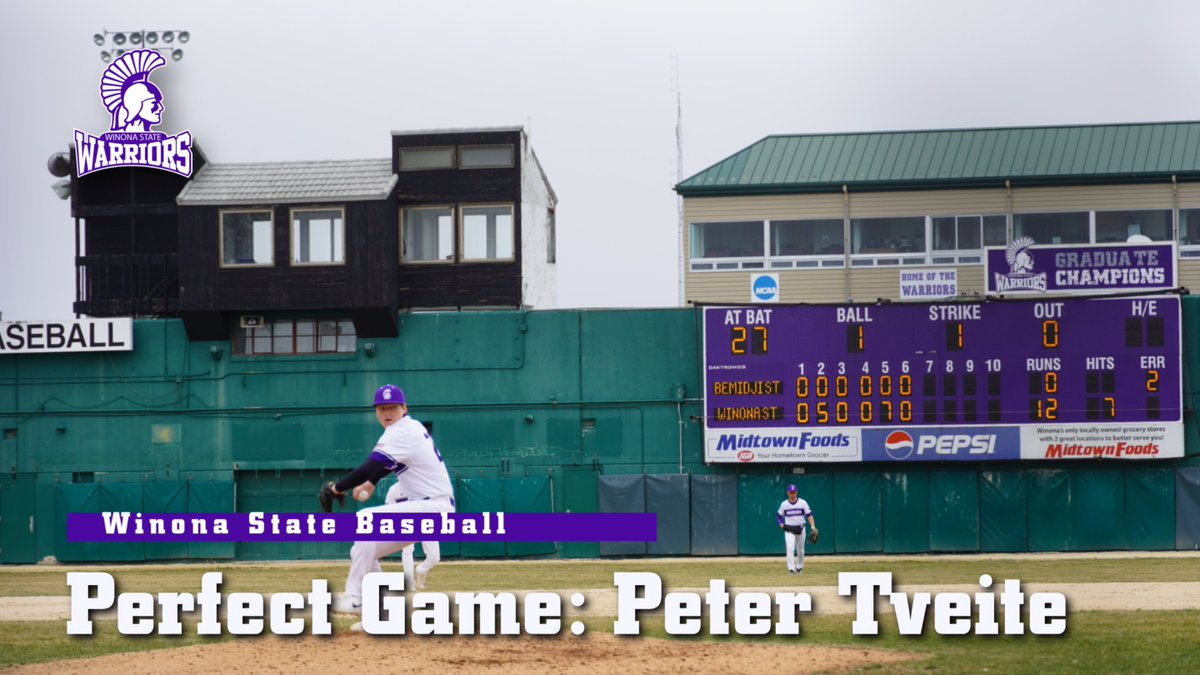PERFECTION! @WinonaStateBASE starting pitcher Peter Tveite throws a 7-inning perfect game vs. Bemidji State in a 12-0 Warrior win...Tveite earns just 2nd perfect game in WSU history...Congrats Peter, coaches &amp; team! #WSUWarriorProud #GraduateChampions  📸Olivia Hoffmann