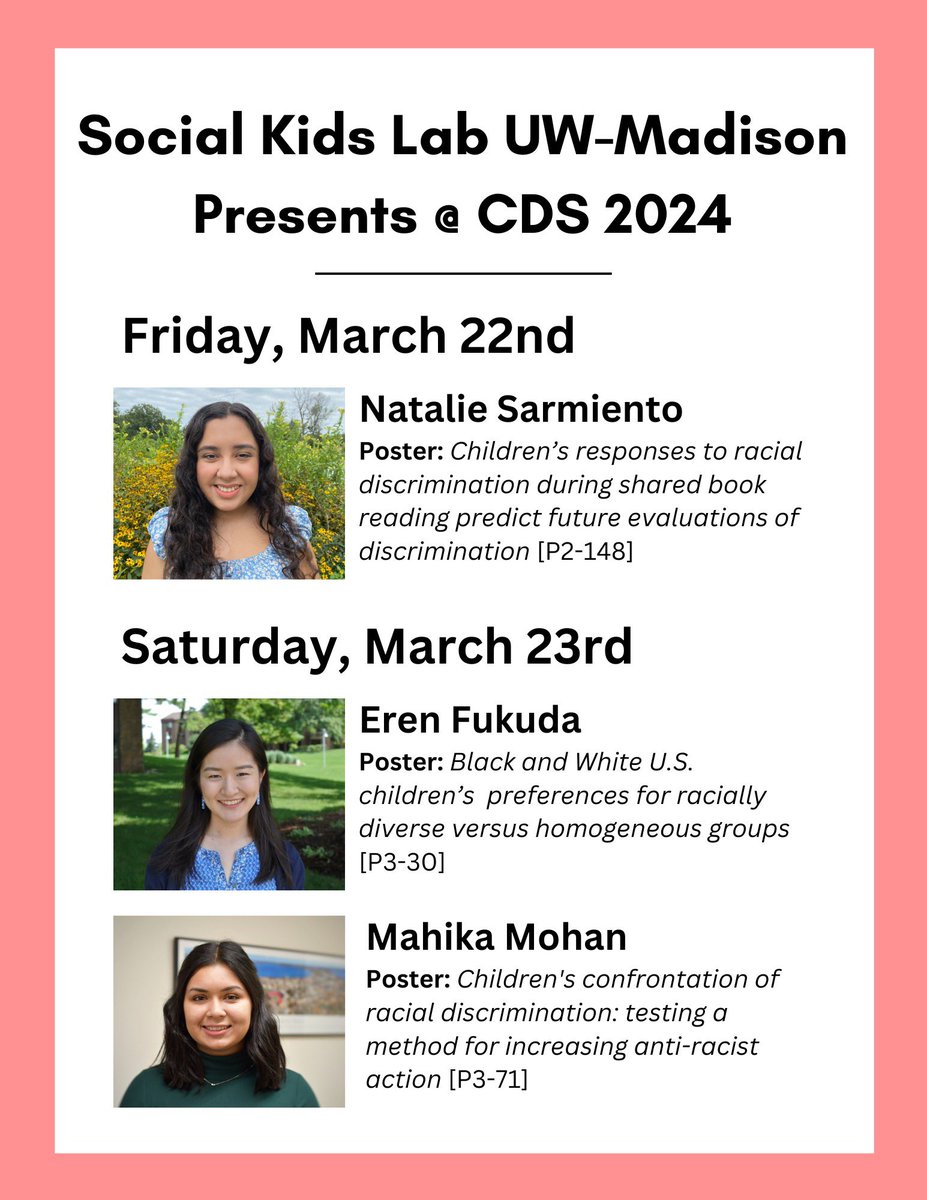 eren_fukuda's tweet photo. Members of the UW-Madison Social Kids Lab (PI Kristin Shutts) are at #CDS2024! Come see us present our posters! ✨ https://t.co/f2pvEULaS0