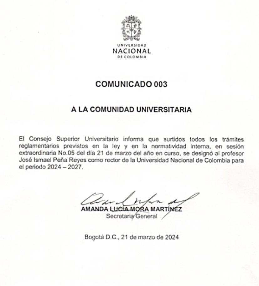 #ComunidadUNAL En sesión realizada el día de hoy, el Consejo Superior Universitario (CSU) designó al profesor José Ismael Peña Reyes (@JoseIsmaelPena) como nuevo #RectorUNAL para el periodo 2024 - 2027 👇 #SomosUNAL