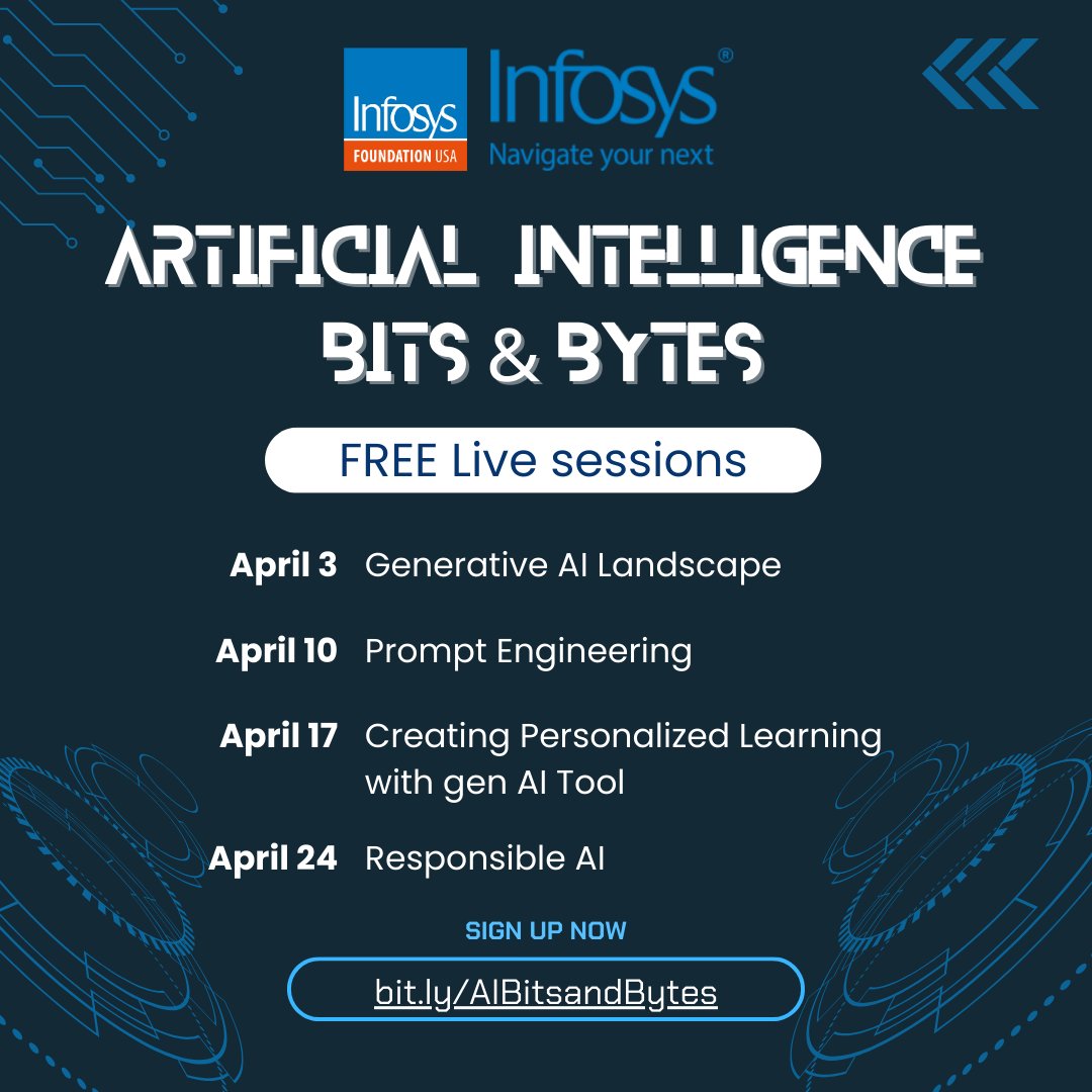 Calling K-12 Educators! Join @InfosysUSA AI expert for 'Artificial Intelligence Bits & Bytes' FREE live sessions on the Pathfinders Online Institute. Sessions dive into Generative AI's creative ability (April 3rd), crafting effective prompts (April 10th), personalized learning…