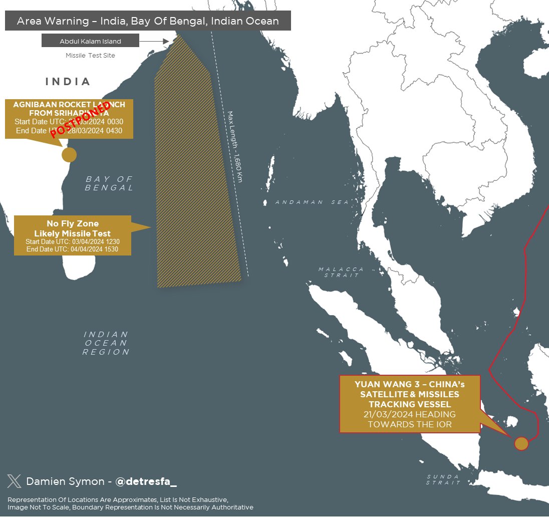 Prakash20202021's tweet image. #AreaWarning: India declares a no-fly zone over Bay of Bengal on April 3-4, 2024, hinting at a potential missile test. 🚀
Meanwhile, China's Yuan Wang 03, a satellite &amp;amp; missile tracking vessel, heads to the Indian Ocean Region. 🛰️🌊 #India #China #MissileTest
