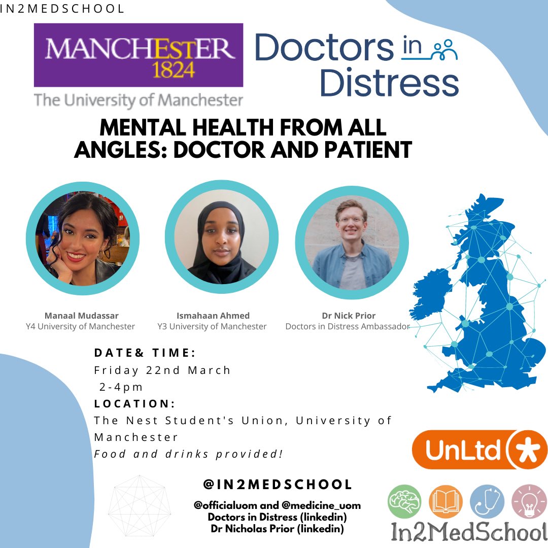 Exciting event tomorrow from our Manchester RHs! Mental Health from all angles: Doctor and Patient. A big thank you to Doctors in Distress for their support and our wonderful guest speaker Dr Nick Prior ! ✨🙌#in2medschool