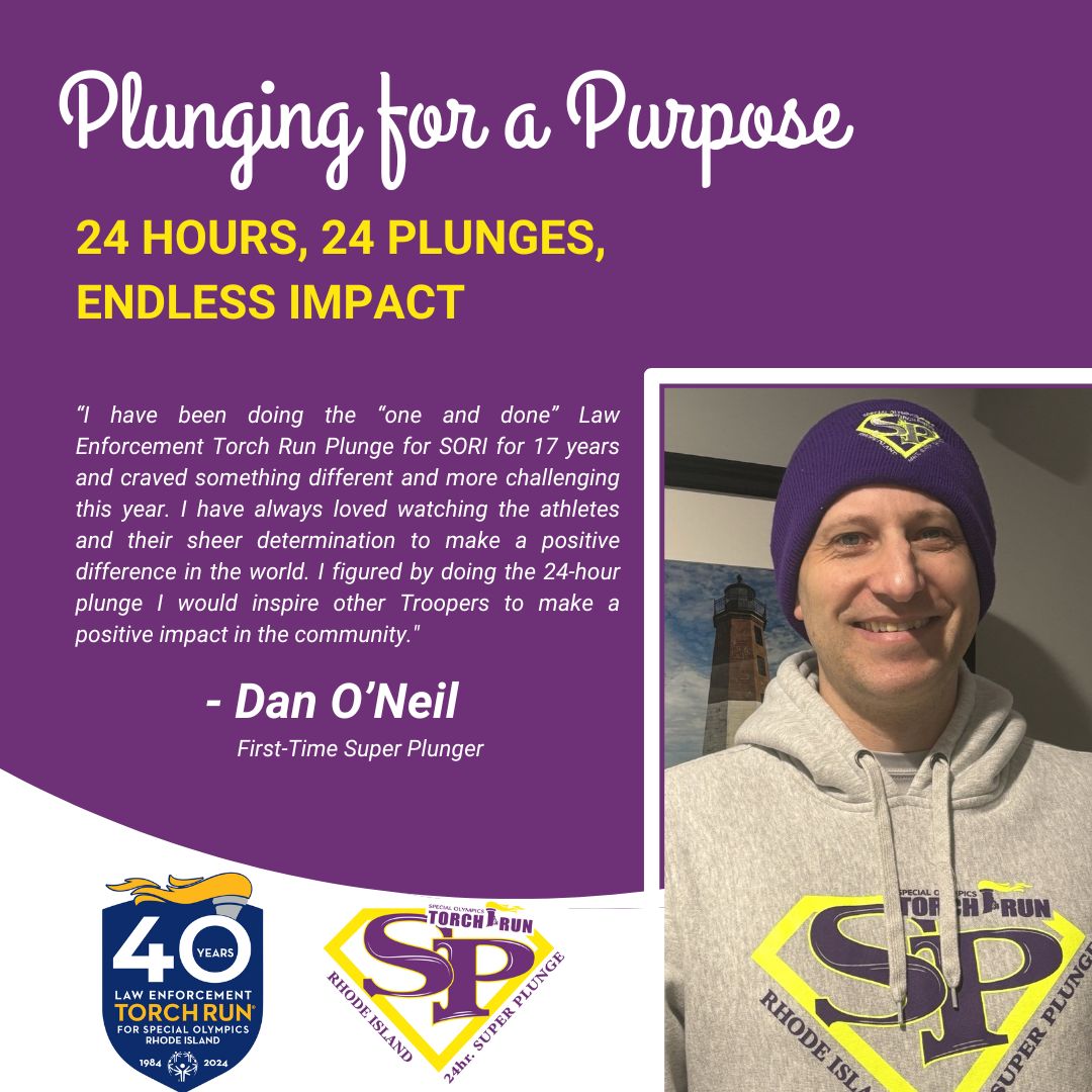 Meet Dan O'Neil, a first-time Super Plunger and a dedicated volunteer for @SORhodeIsland! For over 17 years, Dan has passionately supported our organization through the Law Enforcement Torch Run for Special Olympics Rhode Island. From leading security at our Summer Games and