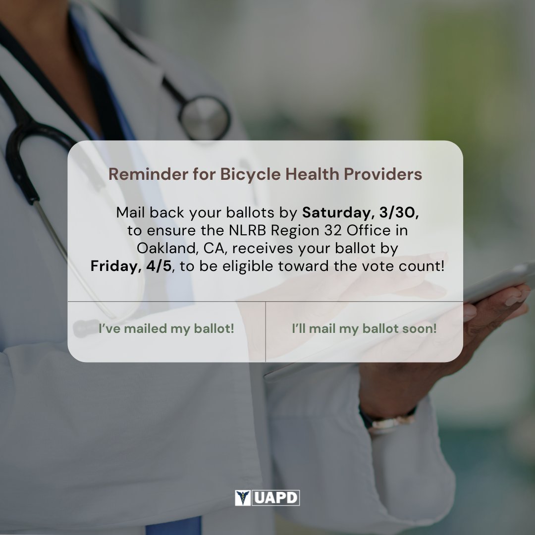 An election date has been set for Bicycle Health providers! With the unexpected news of layoffs last week, we understand how this road towards unionization has been a challenging one. But rest assured, the UAPD stands with the providers at Bicycle and we have your back ✊