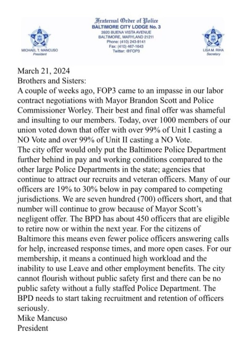 Baltimore Police FOP on contract negotiations with Mayor Scott and Police Chief Worley: "Their best and final offer was shameful and insulting to our members."