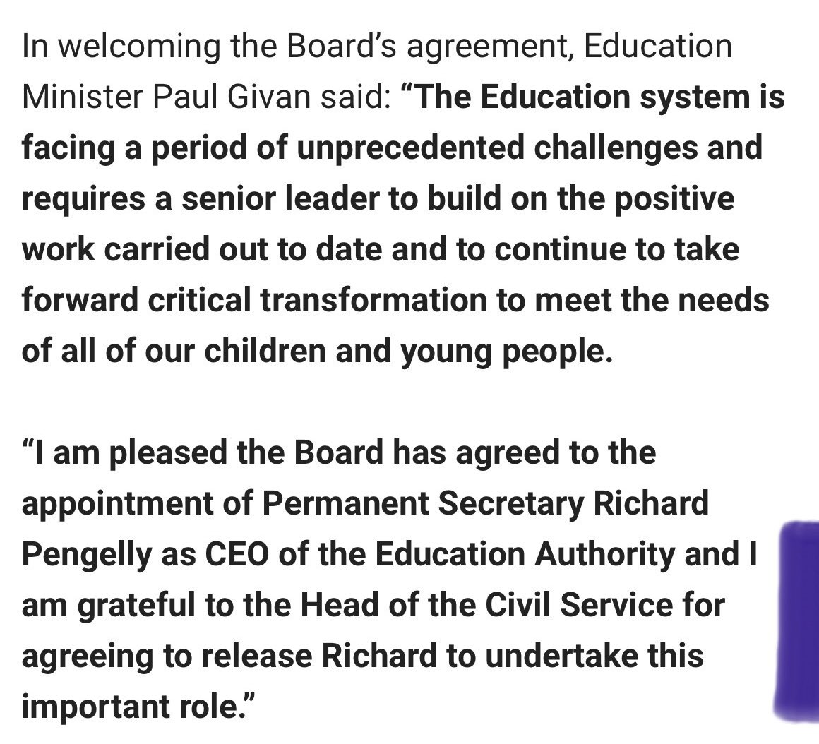 JustJulz8's tweet image. Sooo - #DUP #EducationMinister #PaulGivan proposes secondment of #DUP #DeputyFirstMinister’s husband to role of #CEO of #NI #EducationAuthority 

Was open &amp;amp; fair recruitment / transfer process followed? 

Or is this a(nother) case of JOBS FOR #DUP MATES? 🤔

Does anyone know? 
👇🏻