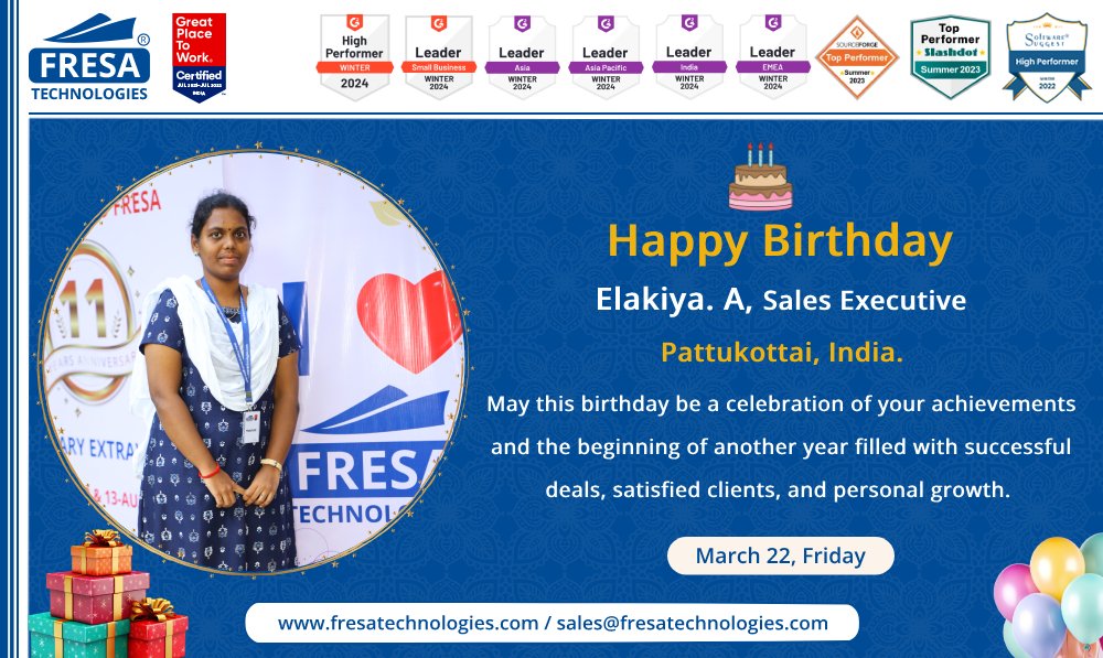 Happy Birthday to Elakiya. A, Sales Executive

May this birthday be a celebration of your achievements and the beginning of another year filled with successful deals, satisfied clients, and personal growth. 

#fresa | #SalesExecutive | #celebration | #employees | #happybirthday