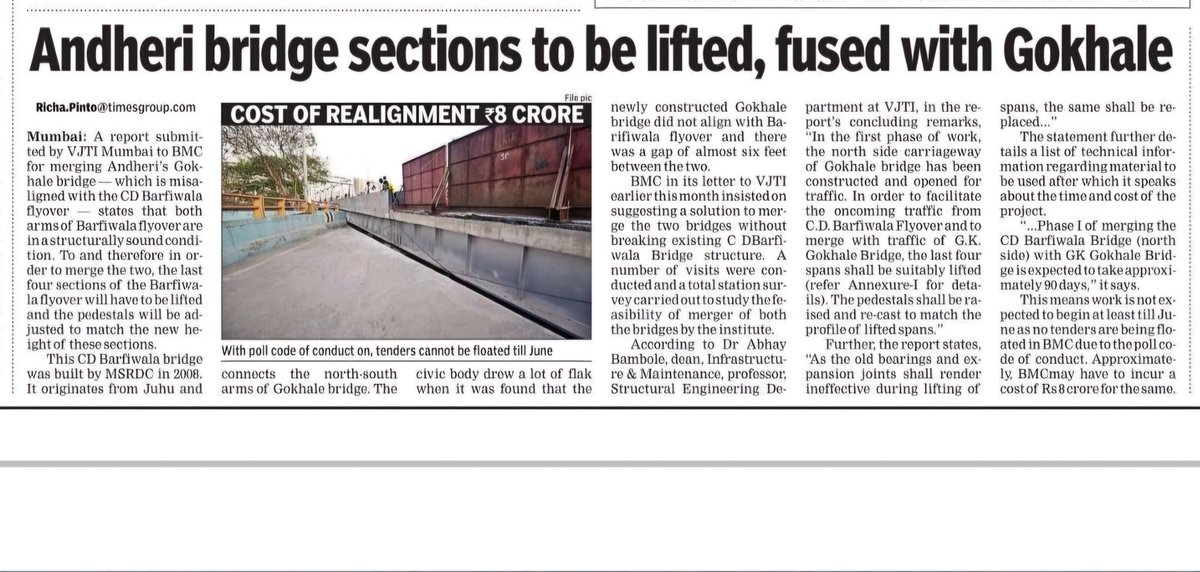 Andheri Bridge sections to be lifted Fused with Gokhale bridge 📰 @richapintoi Tender post June as Code of conduct in place Time reqd 90 days Cost 8 crores LOCA estimates Oct-Nov Likely for work completion @Ratansharda55 @BesuraTaansane @ratihegde @elsamariedsilva @TheBanat…