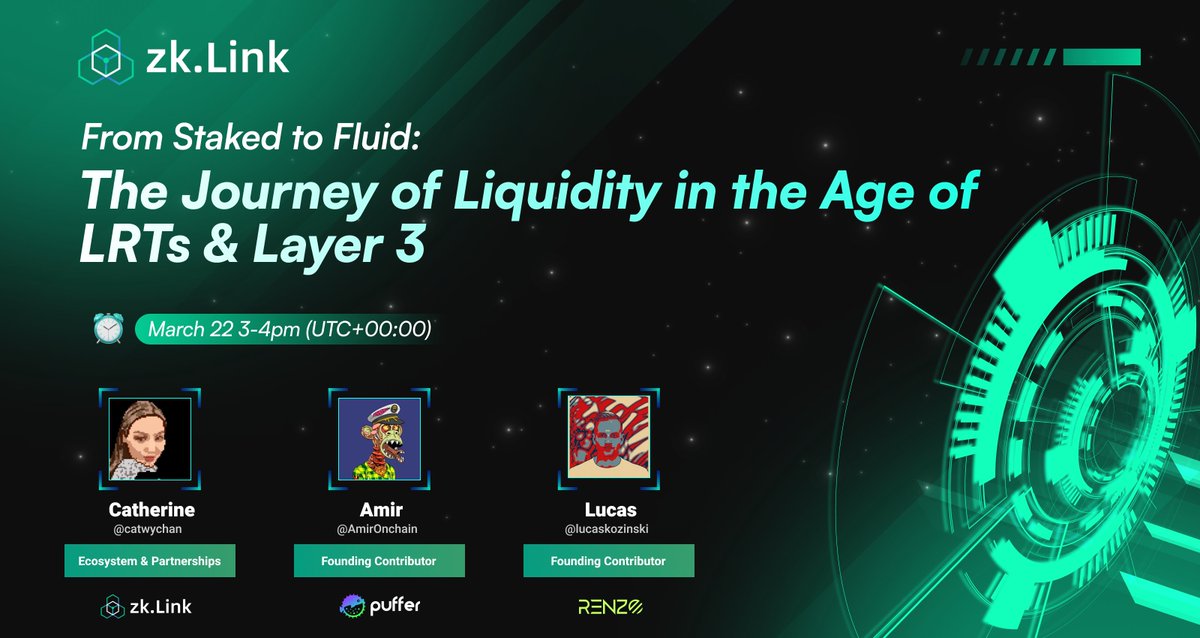 📢 Round 2 of #zkLinkNovaAggParade AMA on the topic "The Liquidity Journey of LRTs in the Layer 3 Age" with special guest from <a href="/RenzoProtocol/">Renzo</a>  &amp; <a href="/puffer_finance/">Puffer Finance 🐡</a>  

📍 Join the conversation here: x.com/i/spaces/1LyGB… Don't miss this opportunity to dive deep into the world of