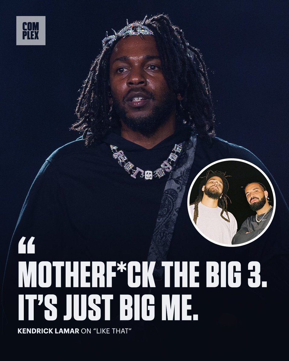 ComplexMusic's tweet image. Kendrick Lamar takes shots at Drake and J. Cole on “Like That” 😳 

"Sneak dissin', first person shooter, I hope they came with three switches"

"For all your dawgs gettin' buried / That's a K with all the 9s, they gon' see pet cemetery."