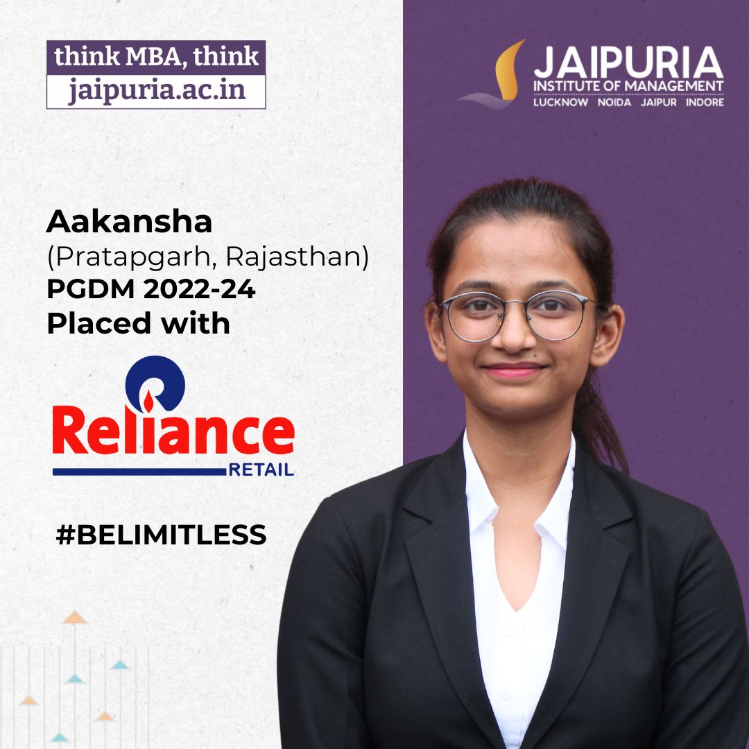 🎓 Aakansha steps into the future with Reliance Retail! 🌟 Be a trailblazer with Jaipuria Institute of Management. Apply for PGDM 2024-26 at apply.jaipuria.ac.in. 🚀 #JaipuriaPlacements #PGDM2024 #ApplyNow