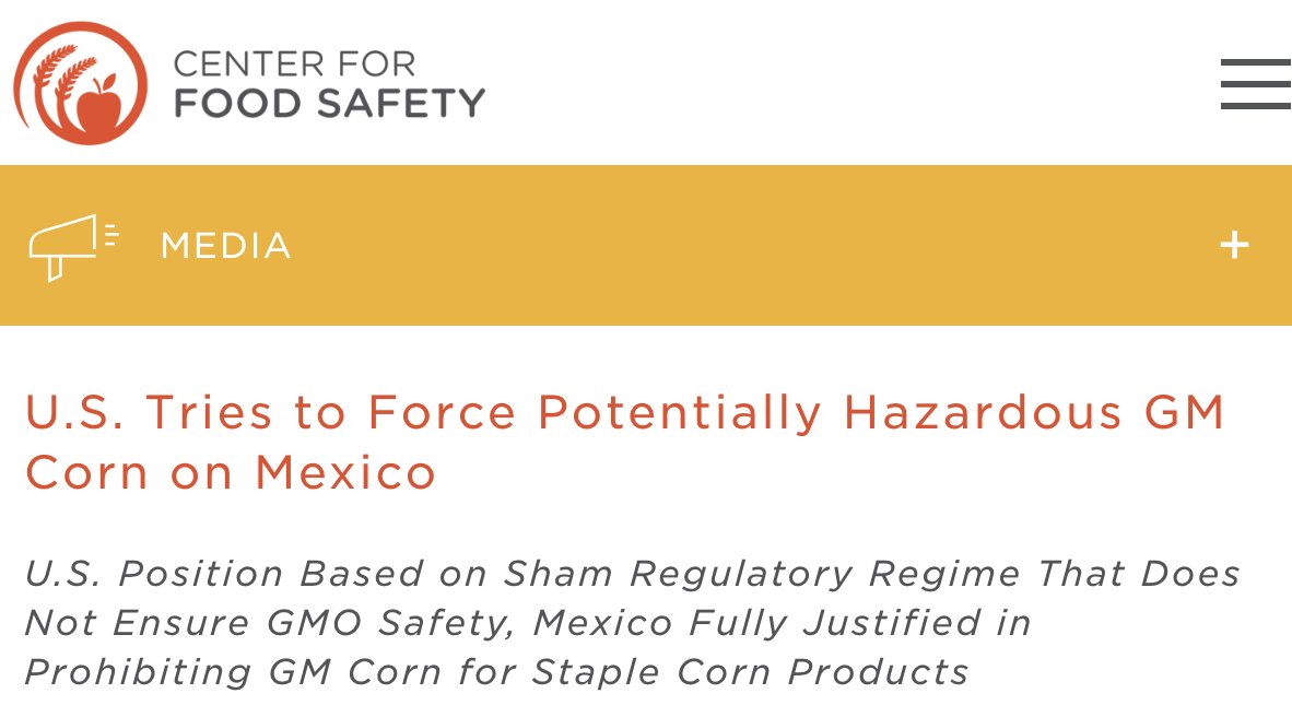 Formal @CFSTrueFood comments in trade dispute: #Mexico can't trust safety of #GMO corn because US has 'a sham regulatory system designed to promote GM food acceptance rather than ensure GMOs are safe.' @victor_suarez @Conahcyt_Mex centerforfoodsafety.org/press-releases… centerforfoodsafety.org