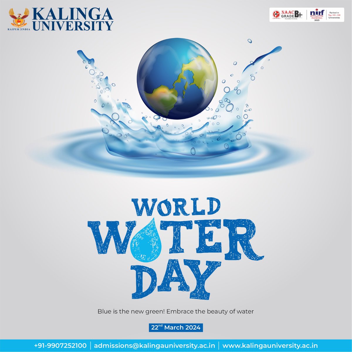 Water is a jewel that every living being deserves, use it carefully. Every drop of water is vital in our day to day life. On this World Water Day, let's conserve this precious resource of this planet for generations to come. 💧💧💧

#WorldWaterDay #WaterIsLife #kalingauniversity