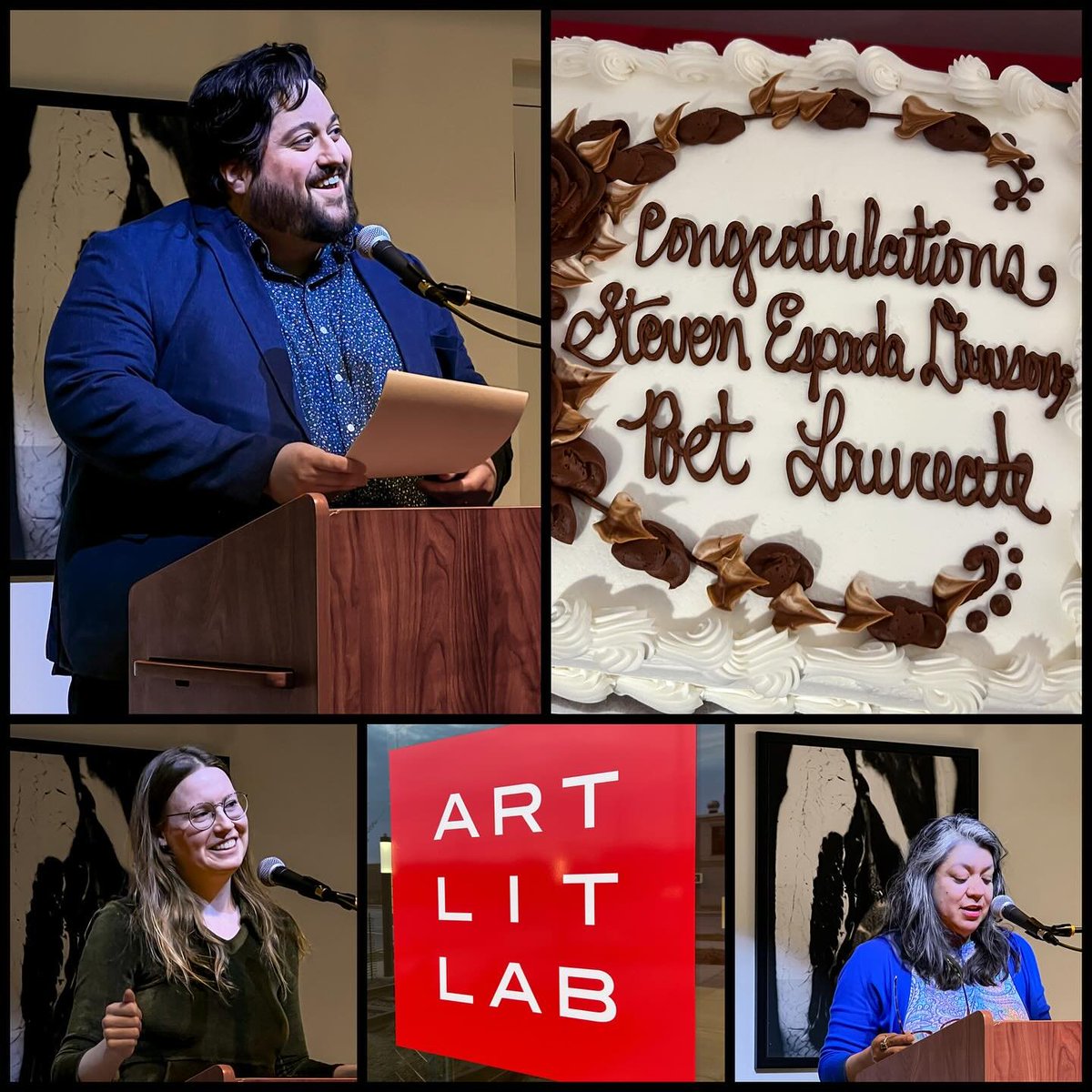 What a lovely evening at @ArtLitLab celebrating our new Poet Laureate of Madison, WI - @stevenespadaw. Congrats! Also, readings from Chessy Normile and our previous Madison Poet Laureate Angela C. Trudell Vasquez. And cake!