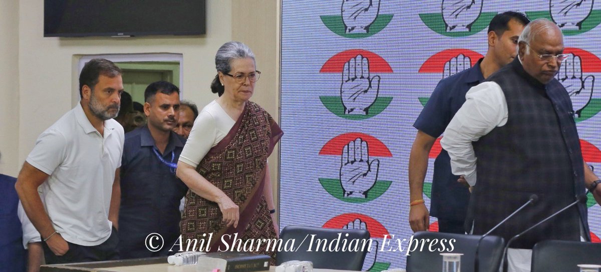 Congress president Mallikarjun Kharge,Sonia Gandhi and Rahul Gandhi during a press conference on thursday.Express photo by @anilsharma07