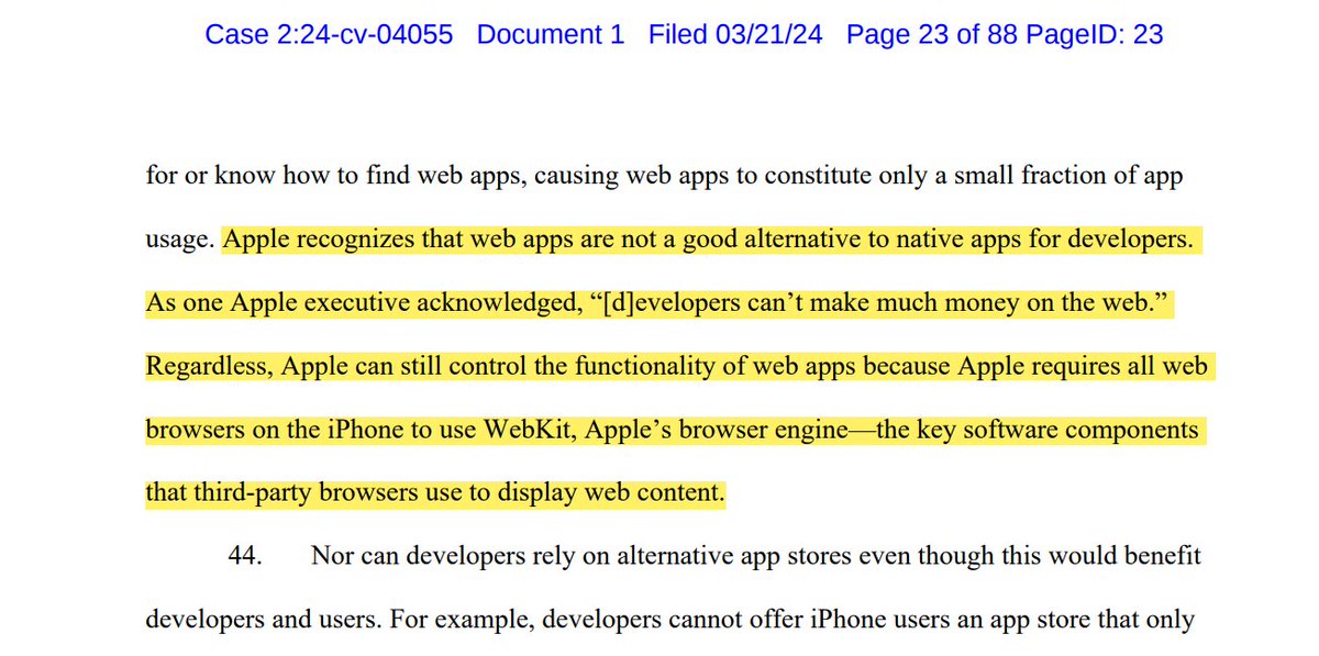 I think @TheJusticeDept is on thin ice here by saying that Apple can control inferior web apps by forcing all iOS apps to use its WebKit browser engine. iOS and Apple HW is highly optimized for WebKit which translates into faster performance and better battery life.