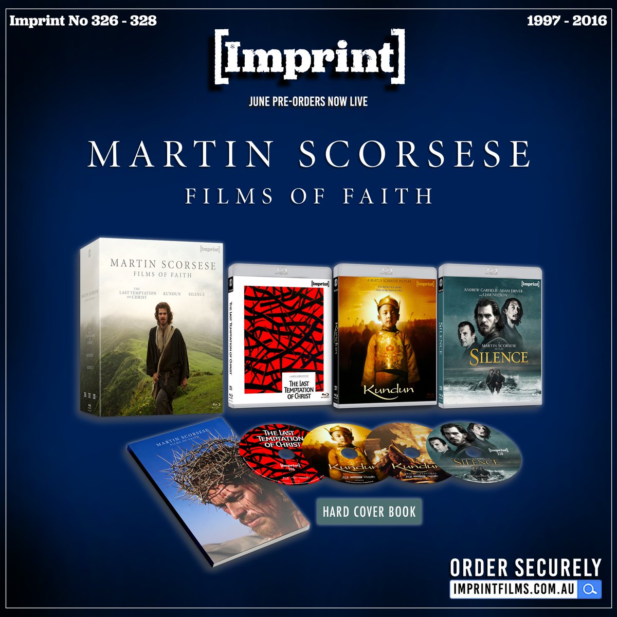 MARTIN SCORSESE: FILMS OF FAITH 🕊️ Limited Edition 4-Disc Hardbox packed with brand NEW special features plus an exclusive hardcover booklet. • THE LAST TEMPTATION OF CHRIST (1988) • KUNDUN (1997) • SILENCE (2016)